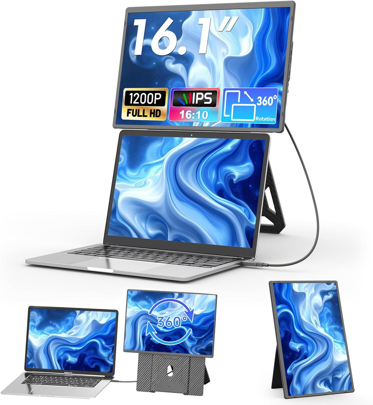 Monitor Portátil Teamgee 16,1" FHD 1200P IPS con Soporte Magnético Ajustable en Altura de 360°, Pantalla Dual Ultradelgada para Mac/Windows/Chrome (Portátiles de 13-17,3"), Montaje VESA