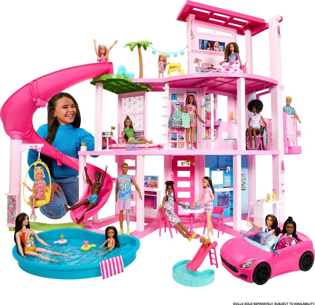 Casa de muñecas Mansión de ensueño HMX10, 3 plantas, 10 áreas de juego, piscina, tobogán, ascensor, 79 piezas con cachorro de juguete