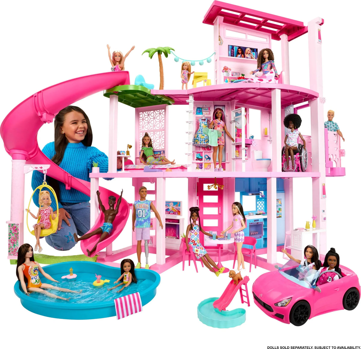 Casa de muñecas Mansión de ensueño HMX10, 3 plantas, 10 áreas de juego, piscina, tobogán, ascensor, 79 piezas con cachorro de juguete