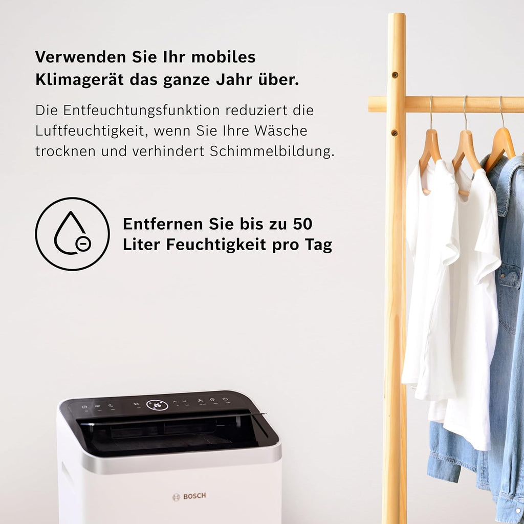 Acondicionador de aire móvil Bosch Cool 4000 - 3 en 1: aire acondicionado, deshumidificador, ventilador - 2,6 kW para habitaciones de hasta 35 m² - Con modo automático, modo silencioso y modo de suspensión