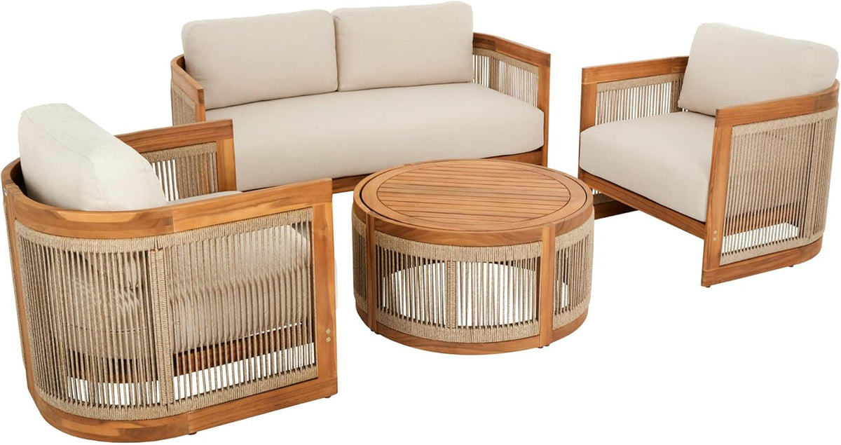 Set de muebles de jardín di volio Groseto – Conjunto de asientos de madera de acacia certificada: sofá doble, 2 sillones y mesa de centro, resistente a la intemperie y cómodo, set de salón para jardín, terraza y balcón (beige)