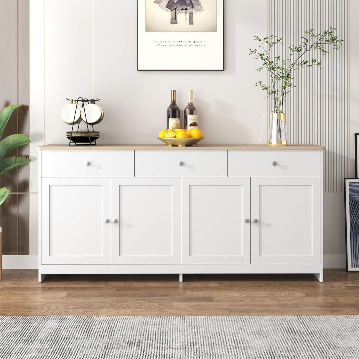 Aparador Ymkua, buffet, cómoda para salón y comedor, armario de almacenamiento con 4 puertas y 3 cajones, mueble de salón moderno, 160x37x75 cm, madera y blanco