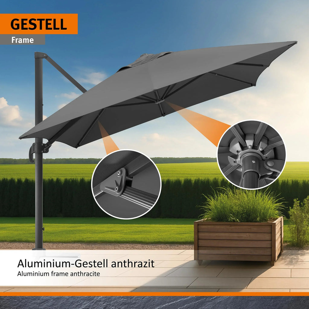 Sombrilla rectangular RHODOS GRANDE 400 x 300 cm de poliéster con estructura de aluminio, manivela y giro de 360°, color antracita