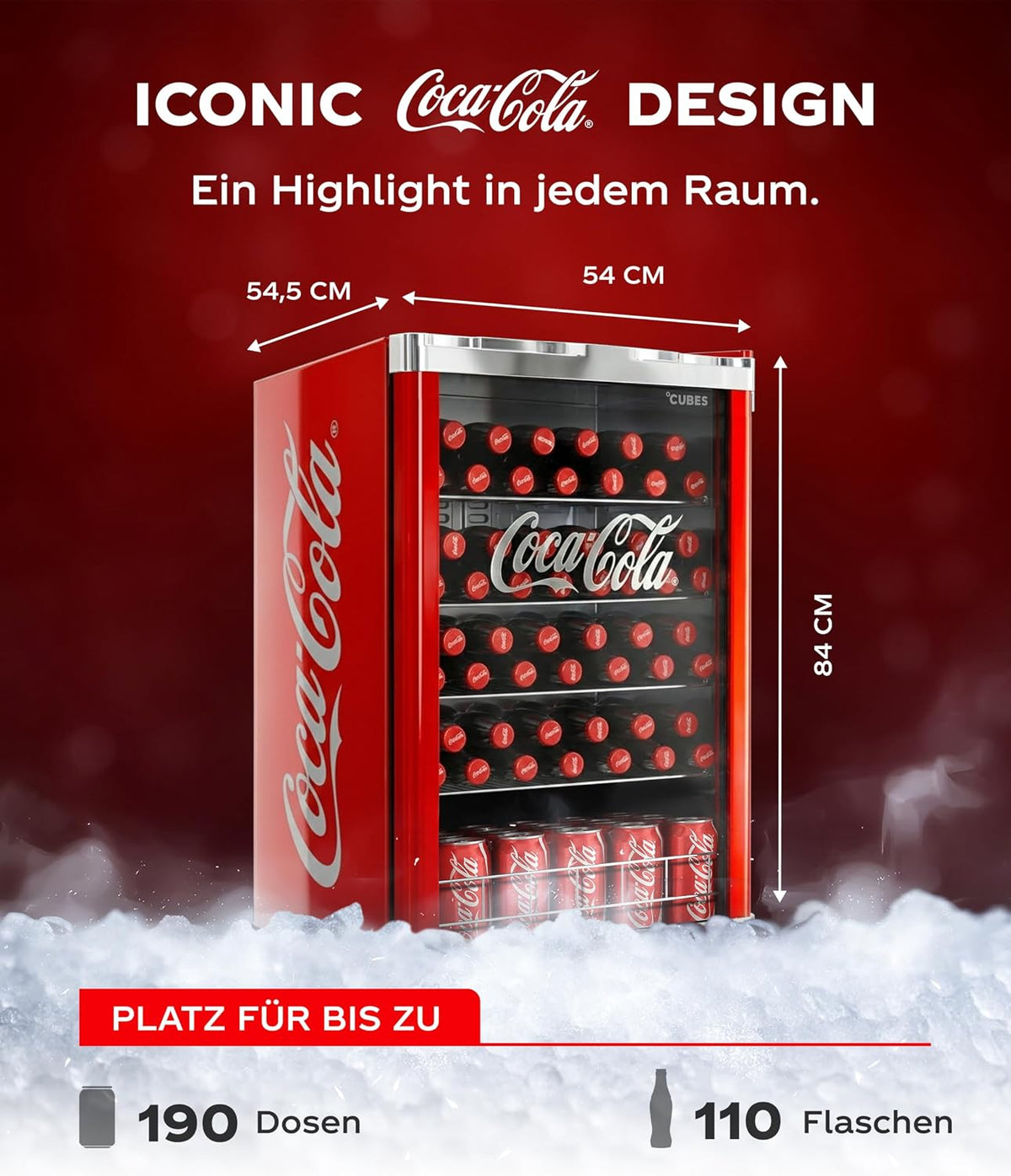 °CUBES Nevera Coca-Cola 115 L | Refrigerador de bebidas grande con puerta de cristal, perfecto para fiestas y uso comercial | Eficiencia energética, 84,5 cm de altura, 104 kWh/año - Refrigerador de botellas grande