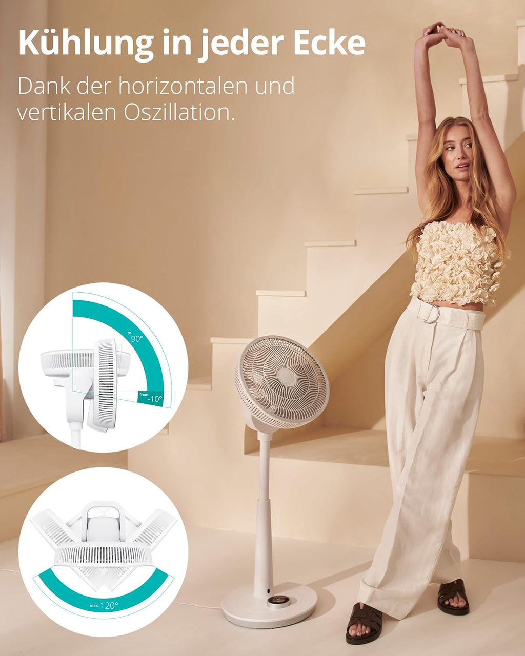 Ventilador de pie silencioso Duux Whisper 2 - Motor CC eficiente con 26 velocidades - Ventilador de altura regulable (73-95 cm) - Oscilación horizontal y vertical - Blanco