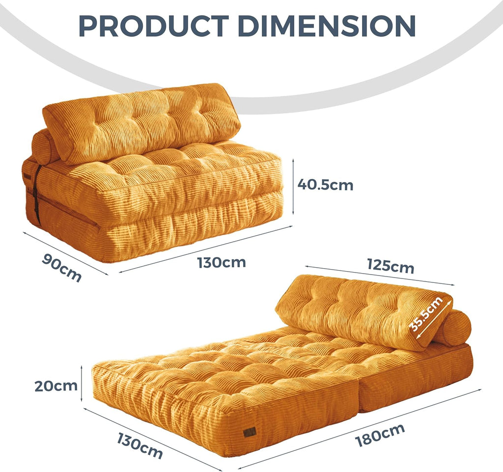 MAXYOYO Sofá cama plegable, sillón convertible con cojín, colchón con soporte para la espalda, silla cama portátil, sofá de suelo cómodo para salón o dormitorio, naranja, doble