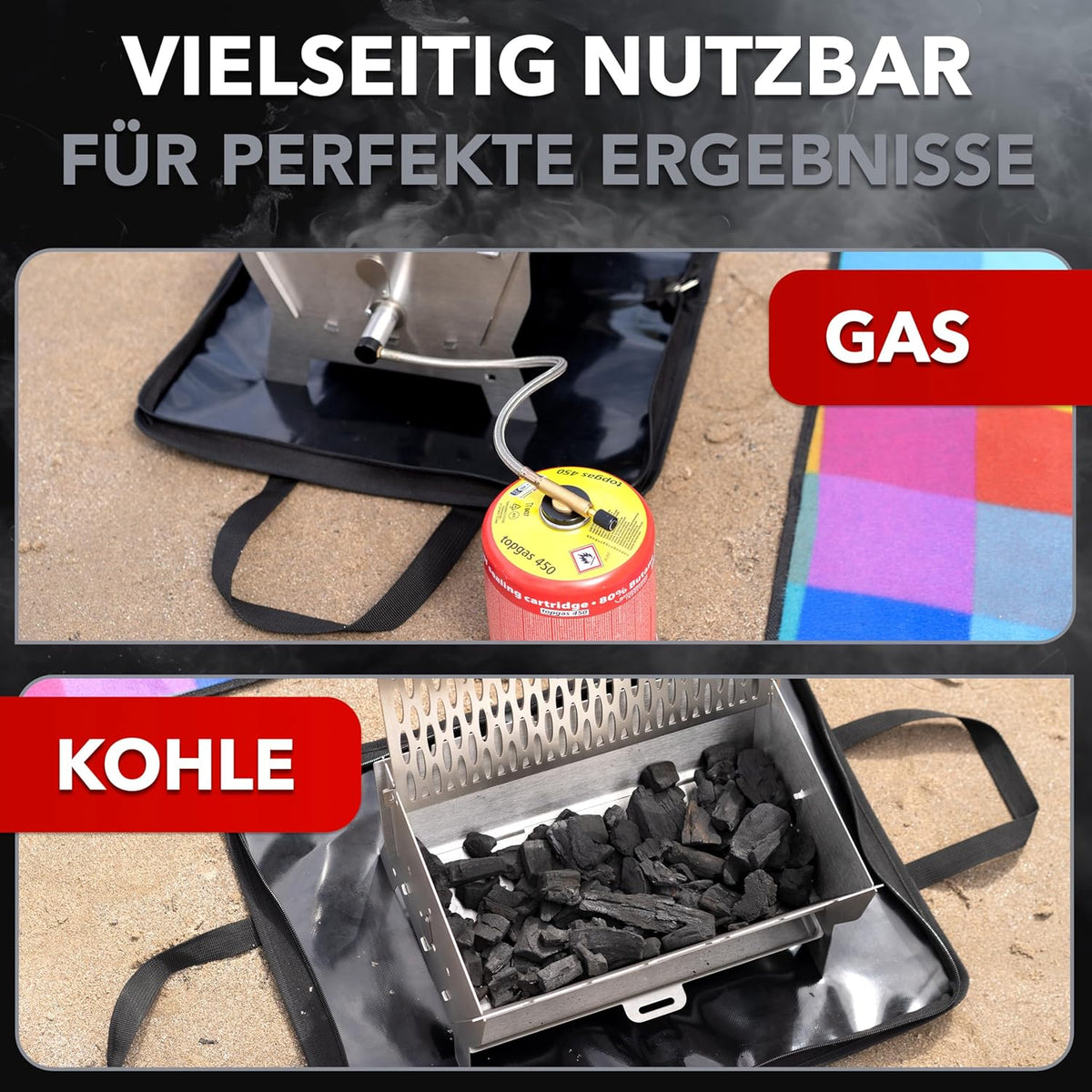 Parrilla | Parrilla de gas enchufable móvil – Parrilla portátil de acero inoxidable con sistema de montaje – Funcionamiento a gas y carbón – Incluye bolsa de transporte – Perfecta para camping, balcón, jardín y exteriores - Parrilla de camping