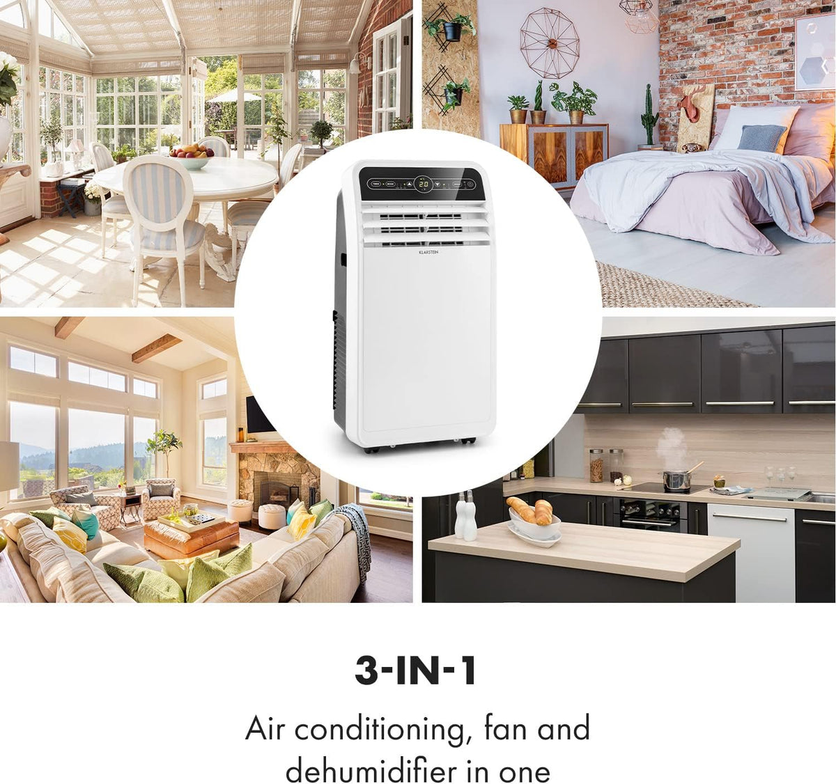 Aire acondicionado portátil Klarstein con manguera de escape, unidad 4 en 1 con ventilador, deshumidificador y modo nocturno, aire acondicionado pequeño y portátil para el hogar y la oficina, bajo consumo, 9000 BTU