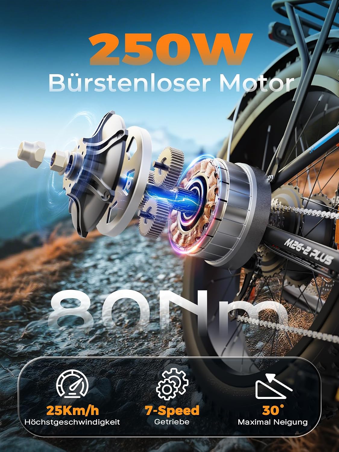 VARUN E Bike, E-Bike Herren mit 26 * 4.0' Fat Tire, 48V 18AH Akku, Bis zu 150 KM, 85Nm 250W Motor, 25KM/H, Offroad Ebike Mountainbike mit 7-Gang, All-Terrain Elektrofahrrad Herren, EU-Konformes
