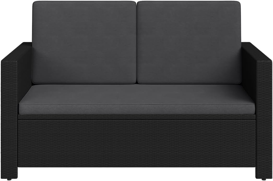 STEELSØN Elnath Sofá de jardín de 2 plazas – Salón de jardín de ratán negro/antracita – Cama lounge para balcón/jardín/terraza – sofá pequeño que ahorra espacio – Set de sofá para exteriores con cojines – muebles de balcón resistentes a la intemperie