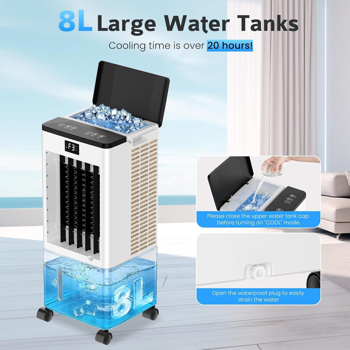 Aire acondicionado portátil sin tubo, enfriador de aire grande 4 en 1, 4 modos y 3 velocidades, climatizador evaporativo de 60 W, temporizador de 1 a 12 horas, con control remoto y 4 ruedas para hogar u oficina