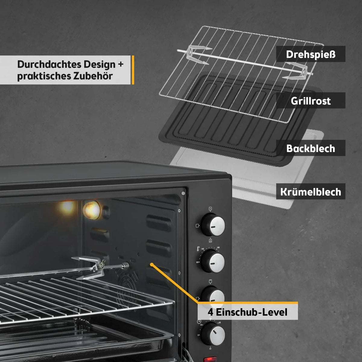 Minihorno TZS First Austria 60 L 2000 W, horno para pizza, 230 °C, 6 modos, temporizador de 60 min, 4 alturas de inserción, bandeja de horno, rejilla, asador giratorio, A++