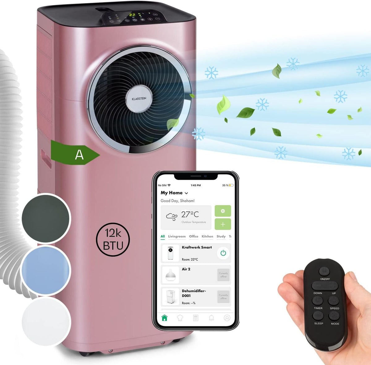 Acondicionador de aire portátil Klarstein con manguera de escape, unidad de climatización 5 en 1, ventilador, deshumidificador, purificador de aire y modo nocturno, control por aplicación, pequeño y portátil, para hogar y oficina, 12000 BTU