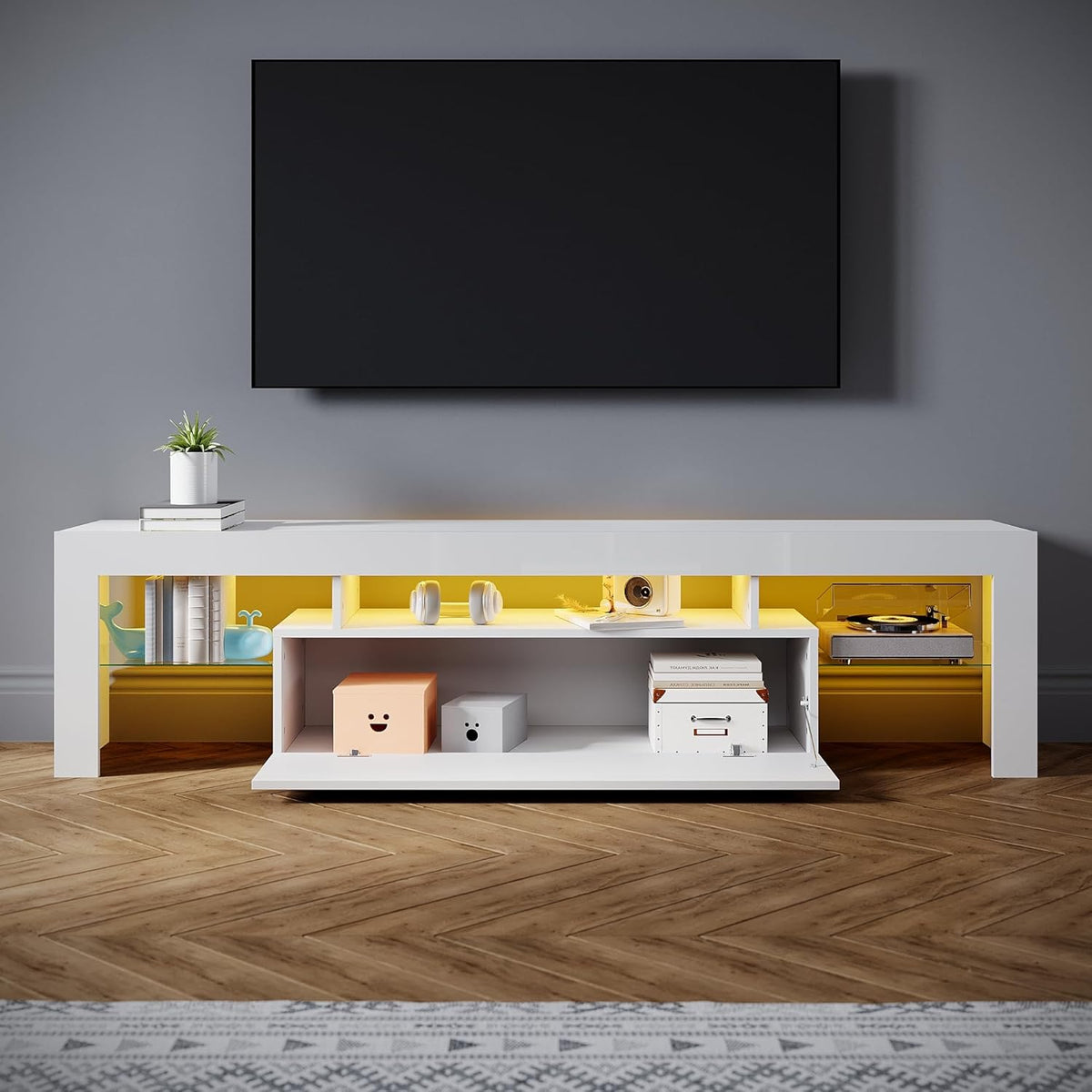 Mueble de TV moderno SONNI de 180 cm, mueble bajo en blanco brillante con iluminación LED de 16 colores, cajón, estantes de cristal abiertos, mesa de TV para televisores de hasta 65 pulgadas para salón y dormitorio, 180x35x45 cm.