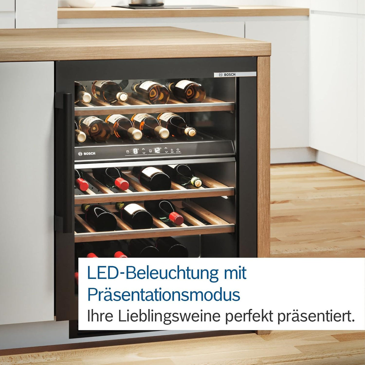 Bodega climatizada Bosch KWK36ABGA Serie 6, 186 x 60 cm, 199 botellas, temperatura: 5-20 °C, dos zonas de temperatura, 405 l, iluminación LED uniforme, luz de presentación desconectable