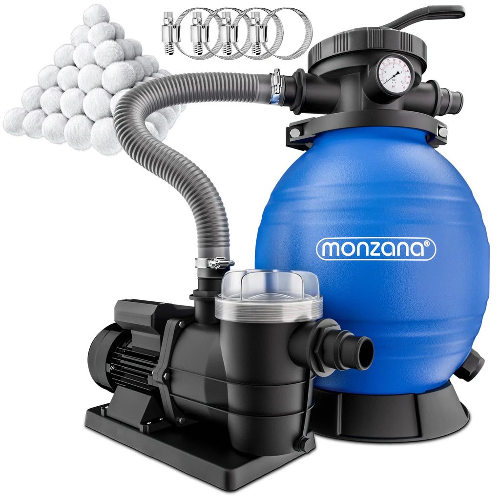 Sistema de filtración de arena SF96K 9600 l/h 400 W para piscinas de hasta 30000 l con tanque de filtro de 25 l, válvula de 7 vías y bolas filtrantes
