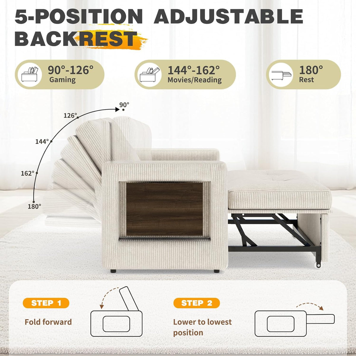 YOUDENOVA Sofá Cama 3 en 1, Sillón Cama multifuncional, Sofá reclinable con respaldo ajustable en 5 posiciones, Sofá cama para 2 personas con mesa y bolsillos laterales, Pana beige