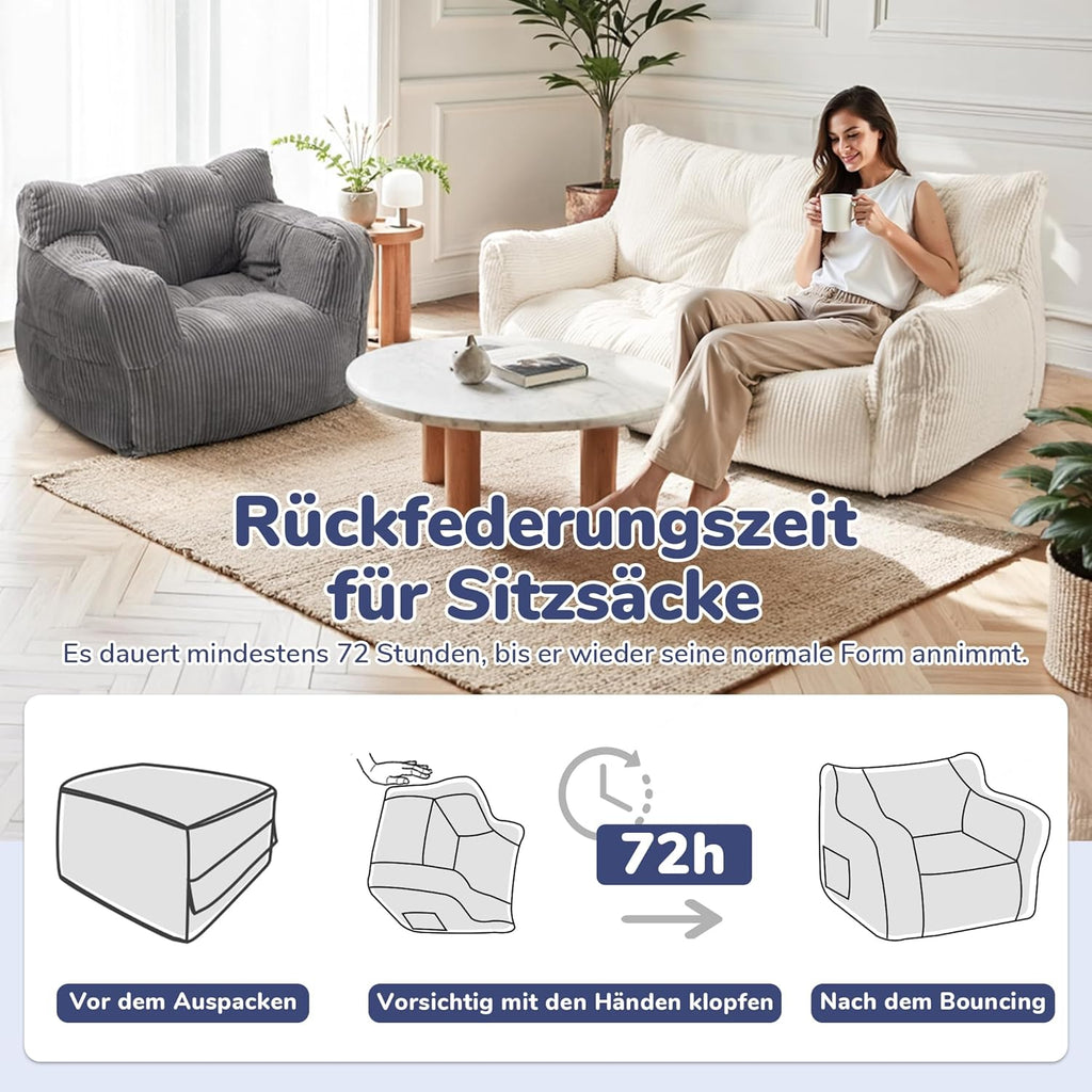 Puf Pamapic, puf para adultos con relleno, sillón doble tipo lounge con asa portátil, puf ergonómico moderno, silla tipo puf para interiores para sala de estar, dormitorio, sala de juegos, gris