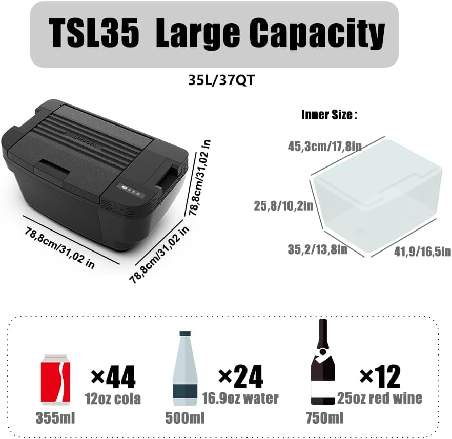 Alpicool TSL35 35L Nevera de compresor para Tesla Model Y, mini refrigerador de 12V, nevera eléctrica para coche, congelador portátil pequeño para camping