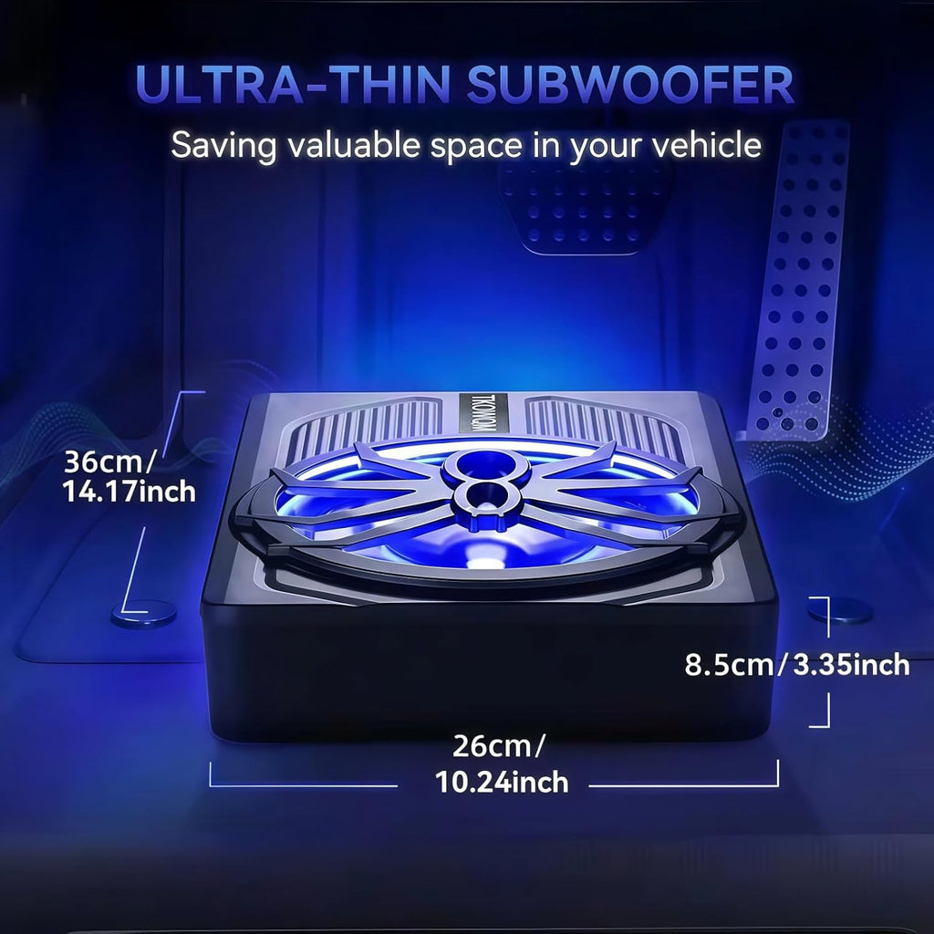 TKOWQM Subwoofer para coche, subwoofer activo de 10 pulgadas y 800 W ultraplano para debajo del asiento, amplificador de audio integrado para coche/camión con luz ambiental LED azul