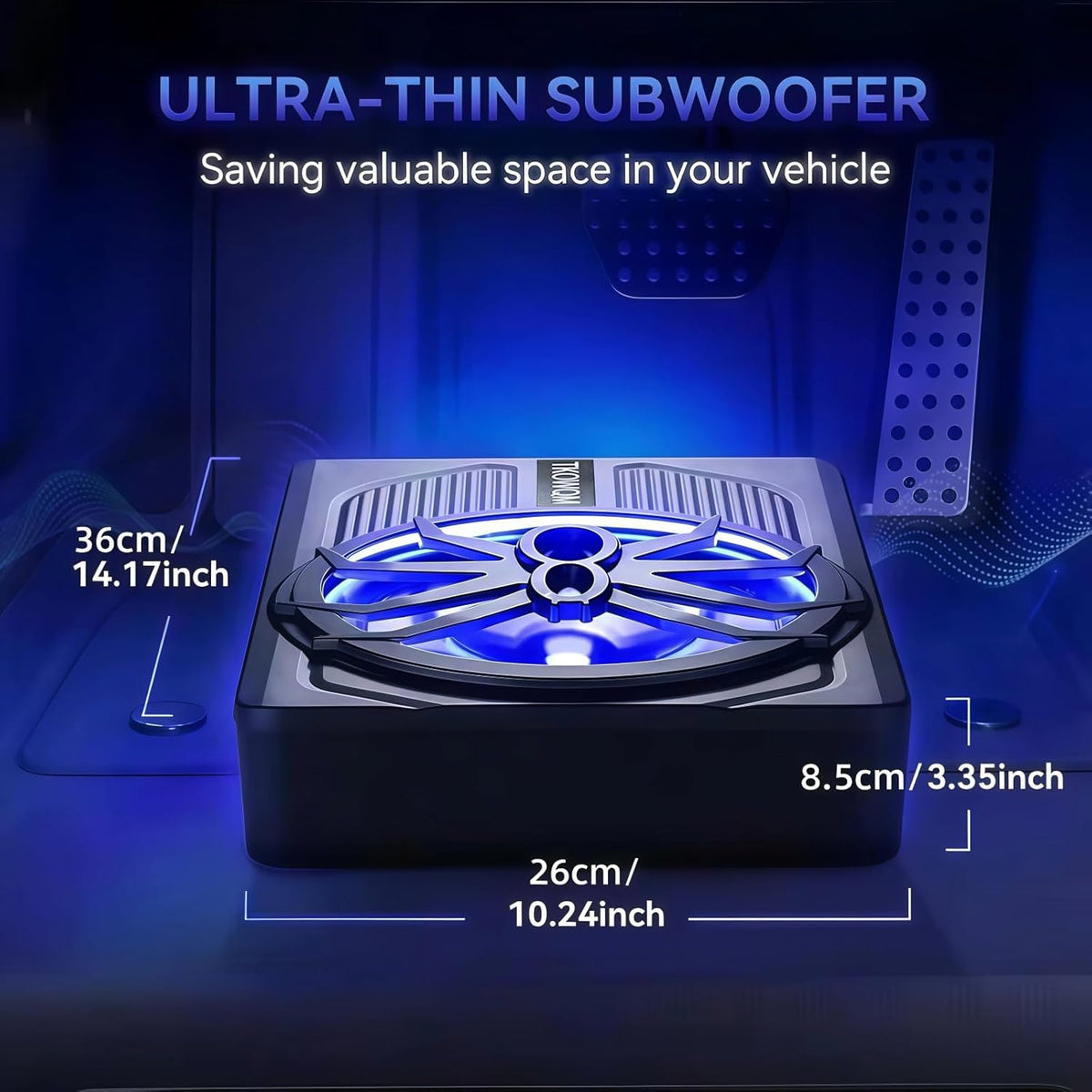 TKOWQM Subwoofer para coche, subwoofer activo de 10 pulgadas y 800 W ultraplano para debajo del asiento, amplificador de audio integrado para coche/camión con luz ambiental LED azul