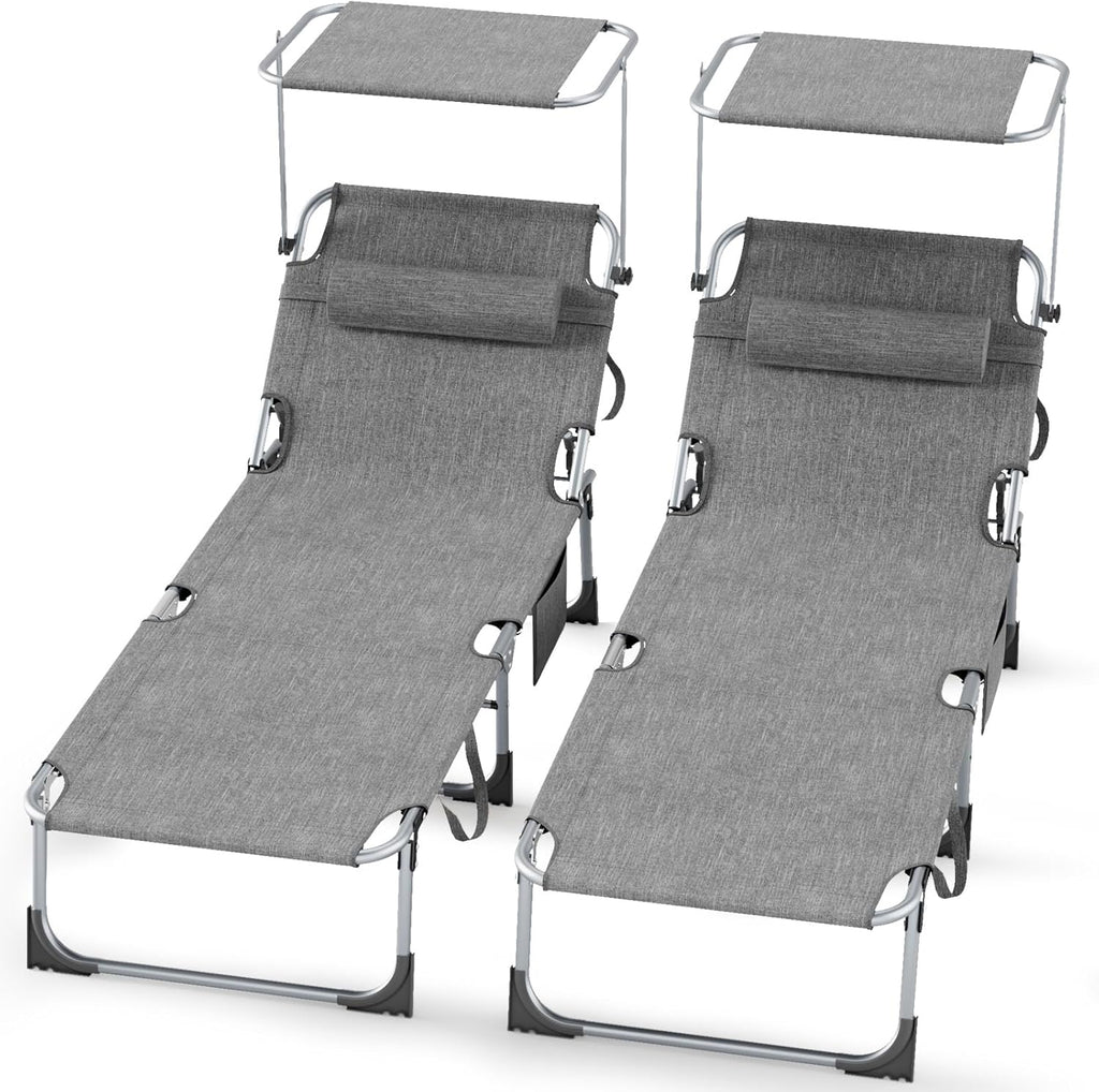 Set de 2 tumbonas plegables 194 x 68 x 29 cm, silla de aluminio con capacidad de hasta 150 kg, tumbona de playa y jardín resistente a la intemperie, con protección solar y respaldo ajustable, gris claro