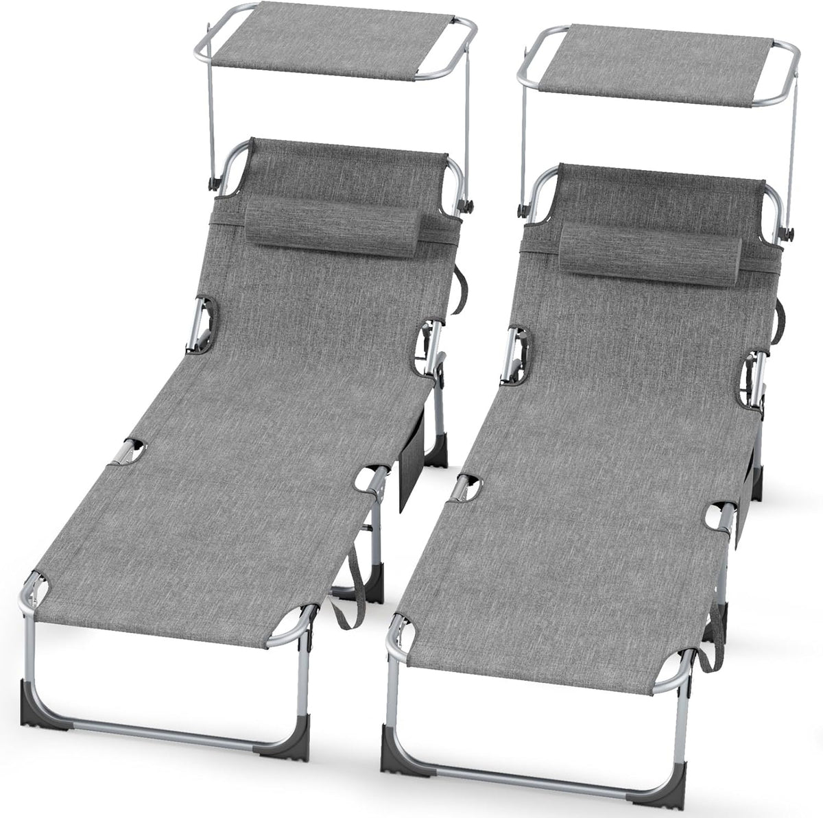 Set de 2 tumbonas plegables 194 x 68 x 29 cm, silla de aluminio con capacidad de hasta 150 kg, tumbona de playa y jardín resistente a la intemperie, con protección solar y respaldo ajustable, gris claro