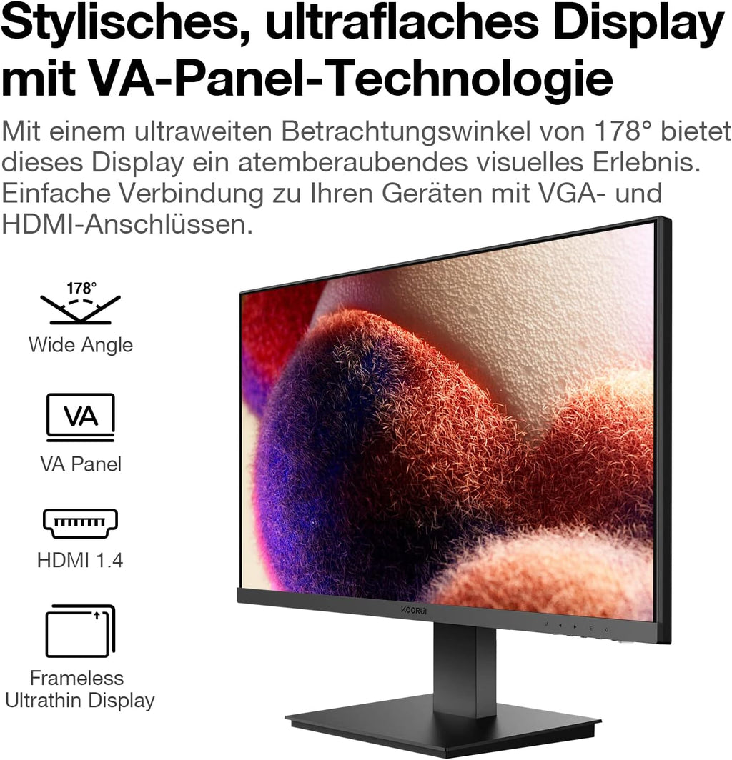 Monitor de PC para oficina KOORUI de 27 pulgadas, 75Hz VA 1080P 5ms, sin marco, HDMI, inclinación ajustable, cuidado ocular, montaje en pared VESA, negro