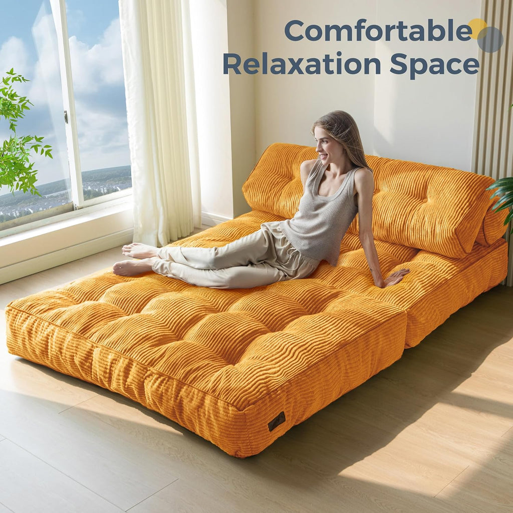 MAXYOYO Sofá cama plegable, sillón convertible con cojín, colchón con soporte para la espalda, silla cama portátil, sofá de suelo cómodo para salón o dormitorio, naranja, doble