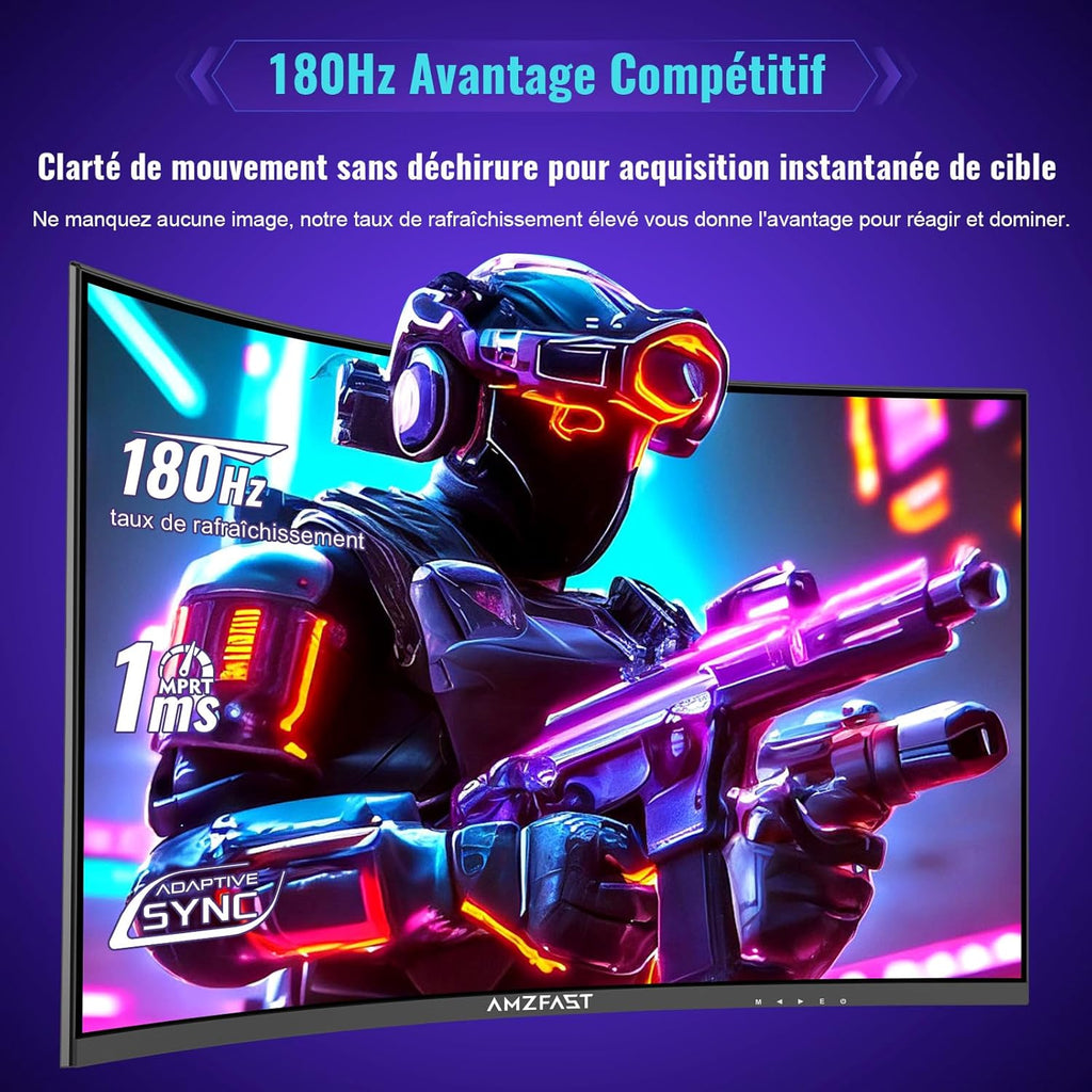 Monitor Gaming Curvo Amzfast de 32 pulgadas, QHD 2560x1440, 180Hz, 1 ms MPRT, 1500R, Adaptive Sync, luz azul reducida, sRGB 120%, HDR, HDMI 2.0/DP 1.2, VESA 75x75, AMZG32C3Q