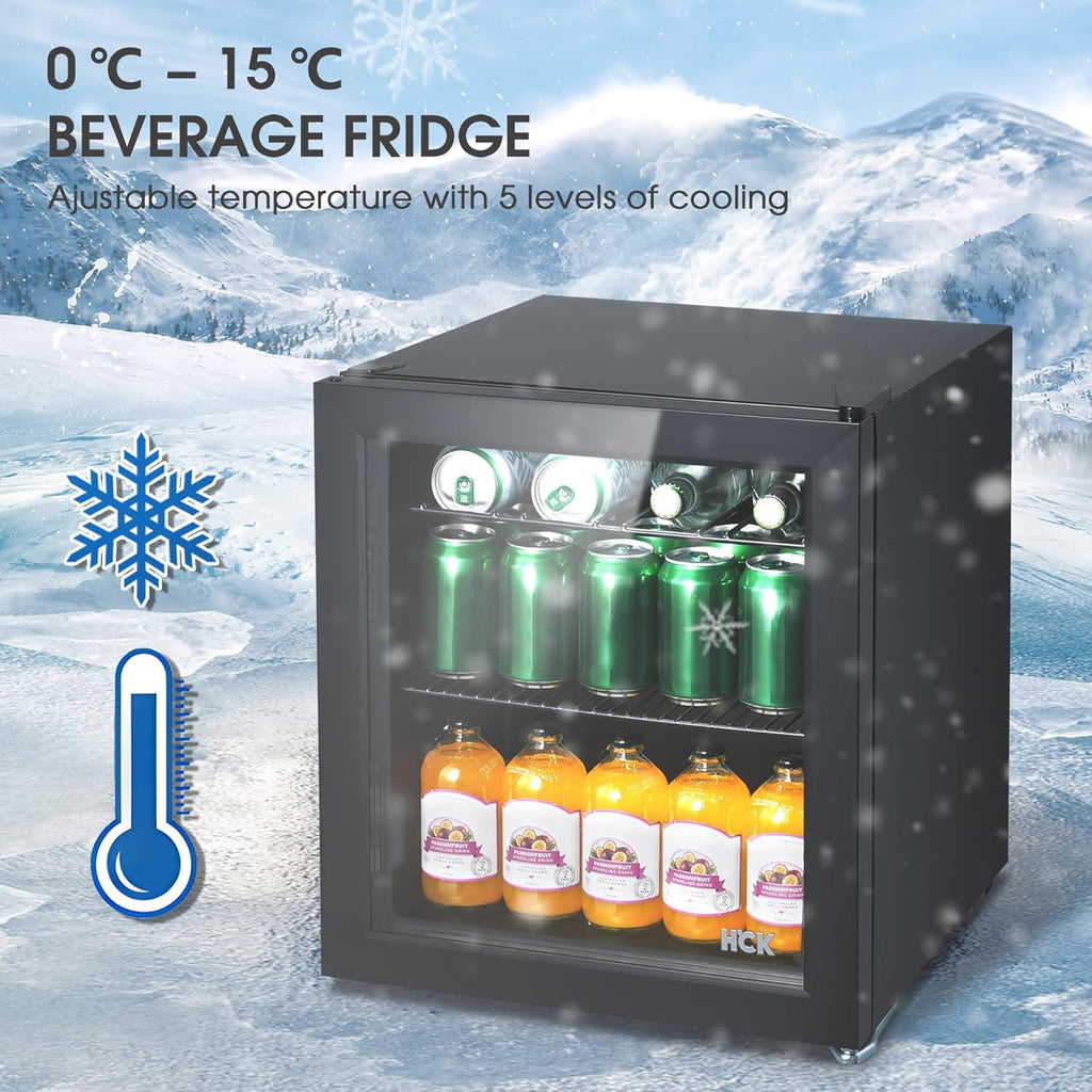 Mininevera silenciosa HCK de 48 L, pequeño refrigerador de 0-15 °C para dormitorio, puerta de cristal transparente, minibar para cocina, negro