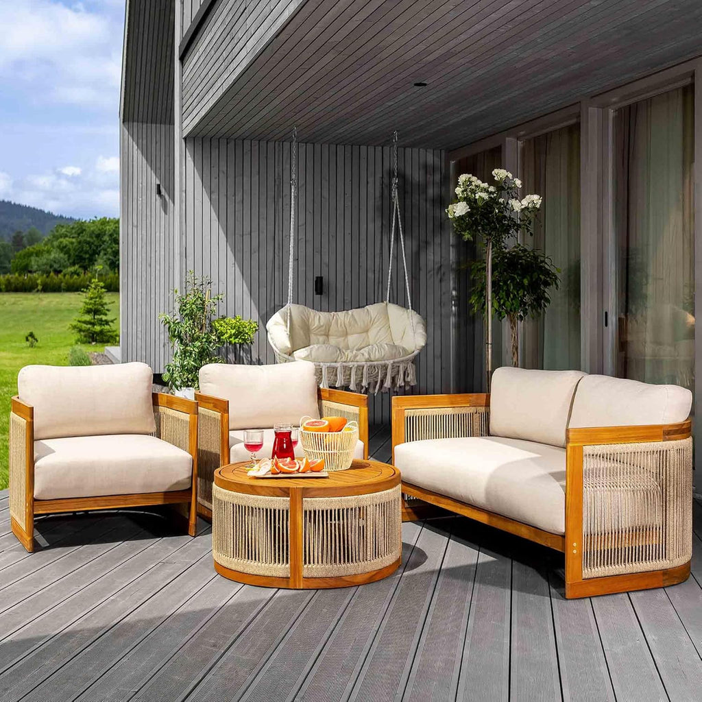 Set de muebles de jardín di volio Groseto – Conjunto de asientos de madera de acacia certificada: sofá doble, 2 sillones y mesa de centro, resistente a la intemperie y cómodo, set de salón para jardín, terraza y balcón (beige)