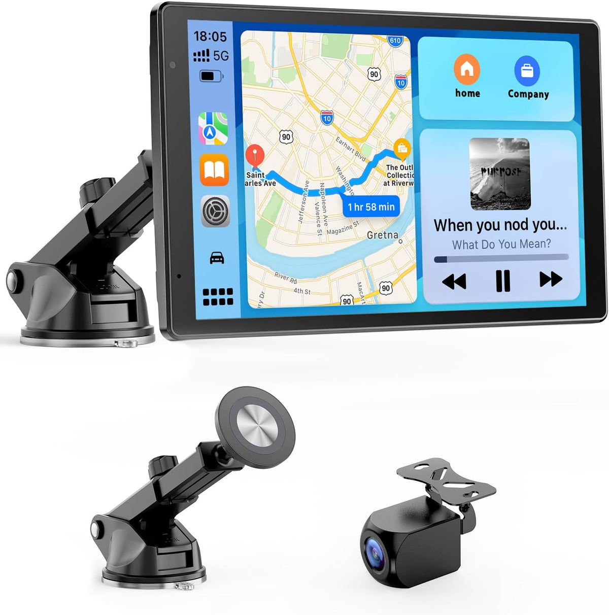 Pantalla Avylet CarPlay y Android Auto inalámbrica de 8'' con cámara de reversa AHD 1080P, Mirror Link, control por voz, llamadas manos libres, Bluetooth, actualización OTA, navegación GPS, AUX, FM
