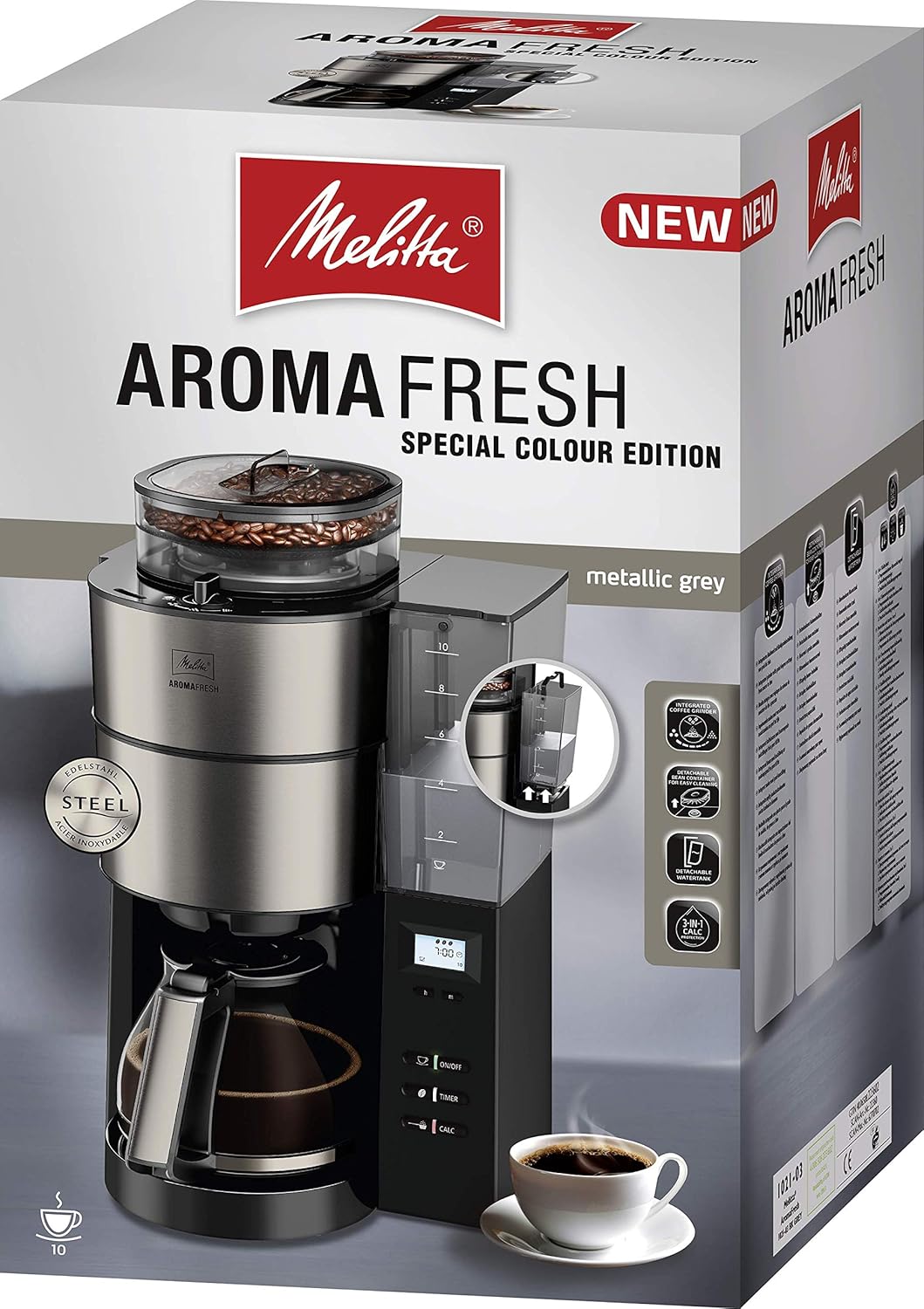 Melitta AromaFresh - Cafetera de filtro - con jarra de cristal - molinillo integrado - función de temporizador - 10 tazas - Negro puro