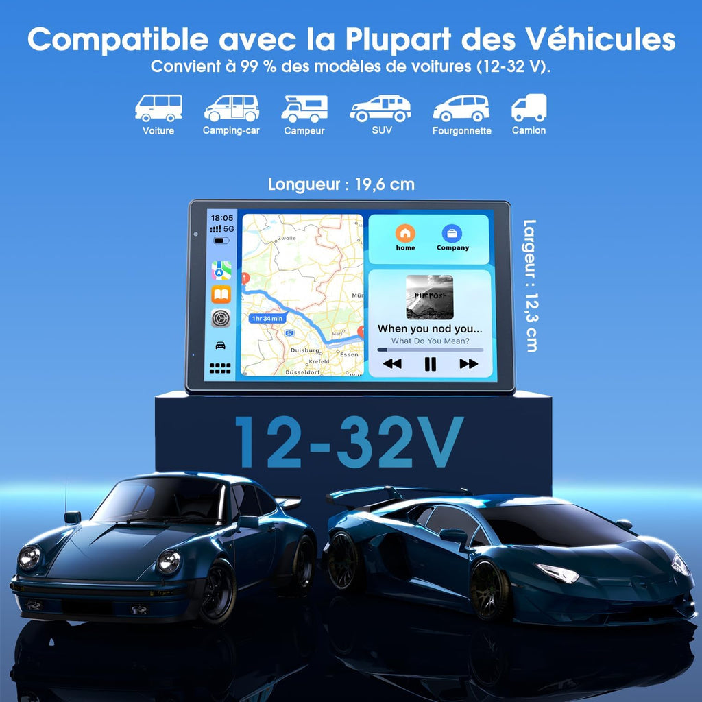 Pantalla Avylet CarPlay y Android Auto inalámbrica de 8'' con cámara de reversa AHD 1080P, Mirror Link, control por voz, llamadas manos libres, Bluetooth, actualización OTA, navegación GPS, AUX, FM