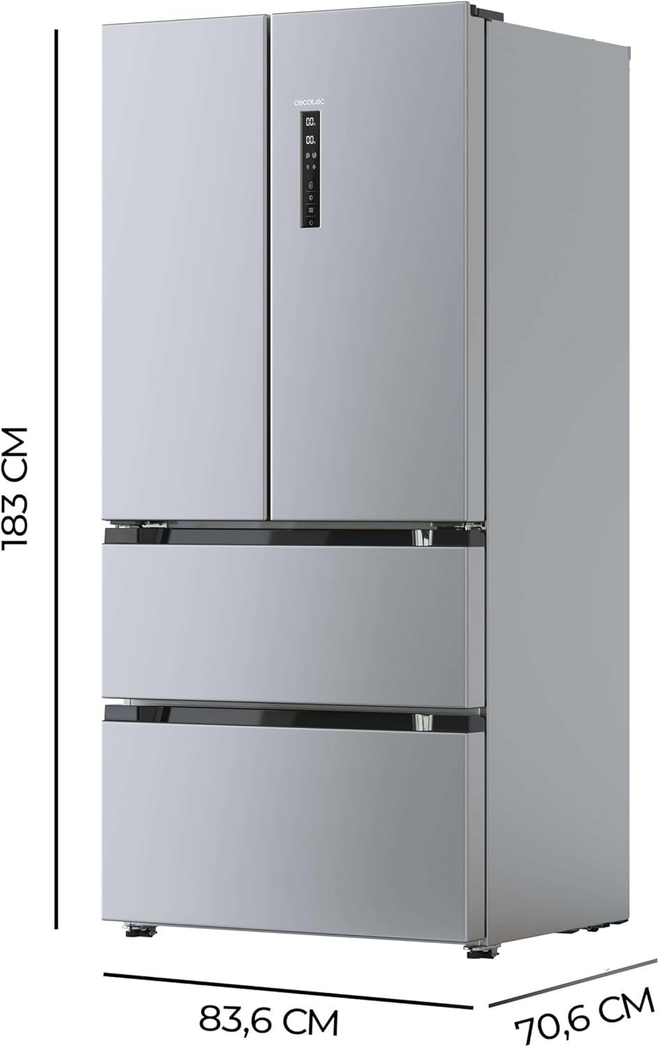 Frigorífico French Door Cecotec de acero inoxidable 510 L Bolero CoolMarket FD 510 Inox E. 183 cm de alto, 84 cm de ancho, motor Inverter Plus, refrigeración rápida y congelación rápida, MultiAirFlow, Total NoFrost