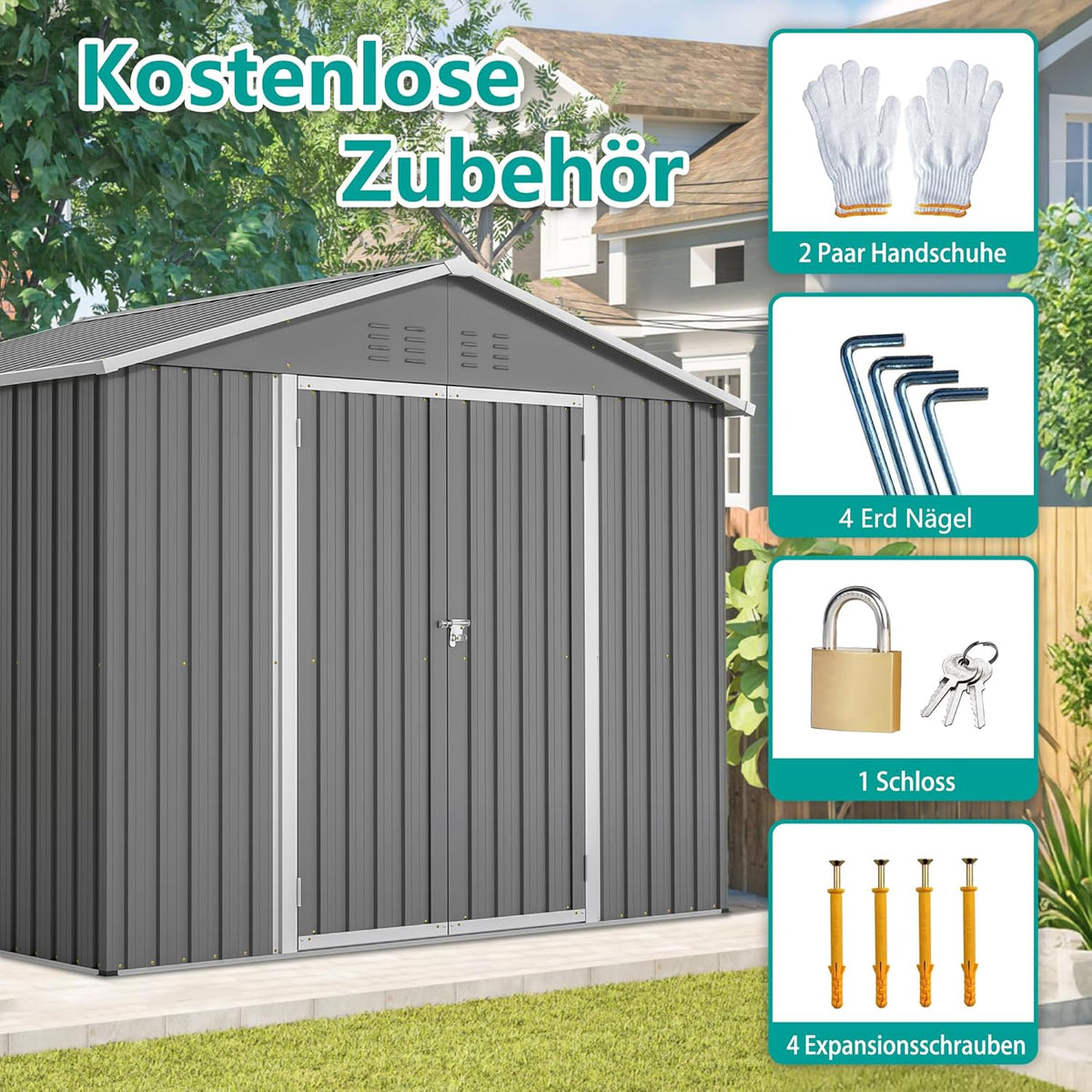 Cobertizo de jardín robusto de metal con techo a dos aguas XXXL (300 x 252 x 191 cm) Almacenamiento seguro para herramientas y equipos de jardinería Gris