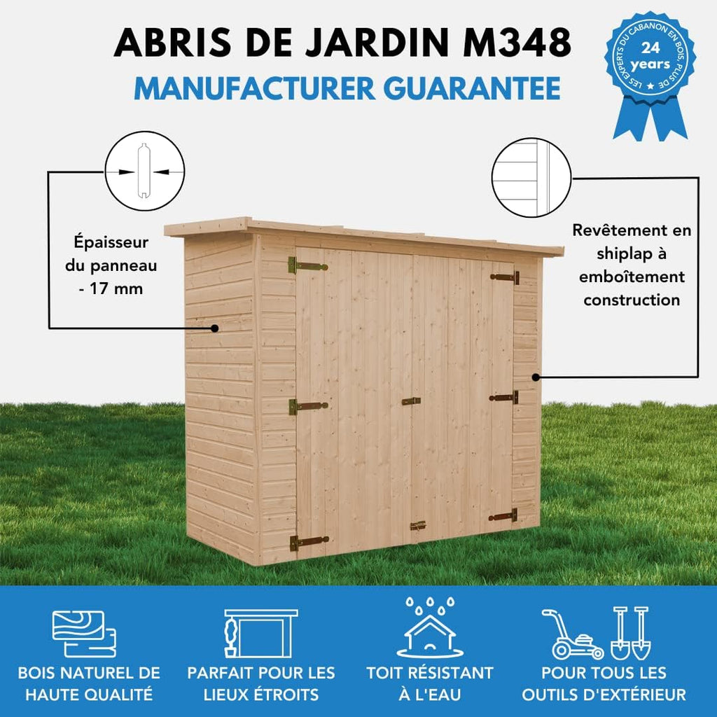 Cobertizo para herramientas de madera natural - Almacenamiento exterior sin ventanas A194x123x223 cm/2,1 m² Caseta de madera natural - Taller de almacenamiento de herramientas - TIMBELA M348