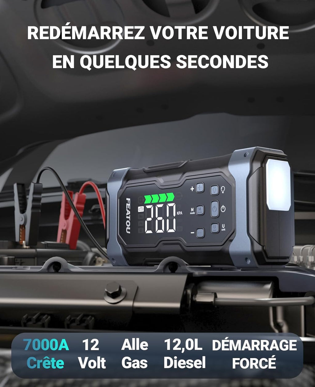 Arrancador de batería de coche 7000A con inflador, cargador arrancador para todos los motores de gasolina y diésel de 12L, carga rápida de 30 W, arrancador portátil con compresor de 12V