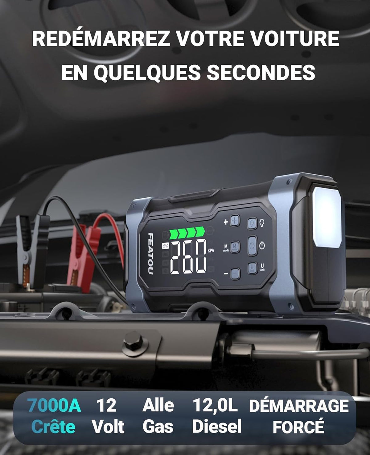 Arrancador de batería de coche 7000A con inflador, cargador arrancador para todos los motores de gasolina y diésel de 12L, carga rápida de 30 W, arrancador portátil con compresor de 12V