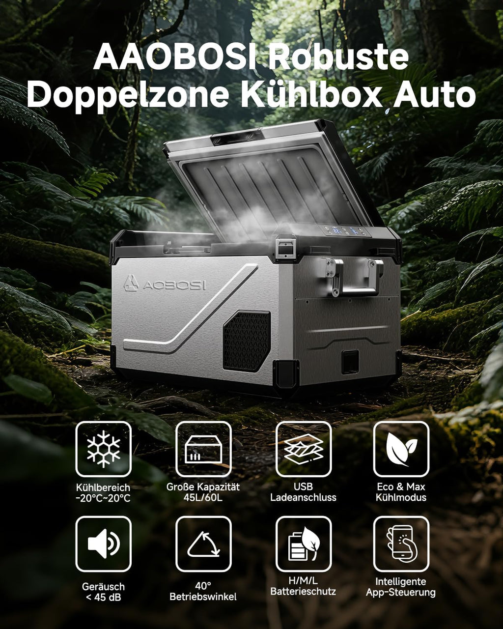 Nevera portátil de compresor AAOBOSI 45L de doble zona hasta -20℃, carcasa de acero inoxidable e interior de aluminio, 12/24V CC y 230V CA, nevera de compresor para coche, barco, camping y todoterreno