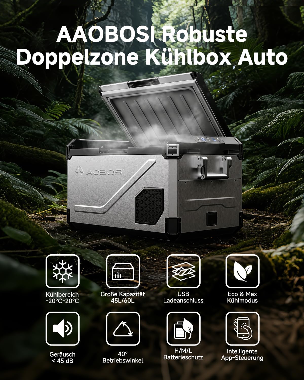 AAOBOSI Nevera de compresor de 45L con doble zona hasta -20℃, carcasa de acero inoxidable e interior de aluminio, 12/24V DC y 230V AC, nevera de compresor para coche, barco, camping y todoterreno