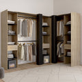 ID MARKET Vestidor esquinero extensible Marlon 230 x 140 x 180 cm, color haya, con barras de armario, estantes y cortinas negras