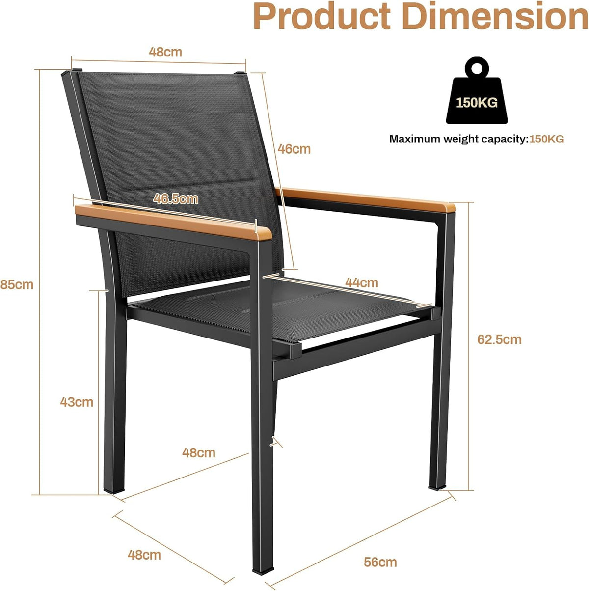 LIFERUN Set de 6 sillas de jardín, aluminio, con respaldo y asiento acolchados, silla de comedor apilable, reposabrazos de WPC, sillas de balcón, para terraza, balcón, patio, piscina, restaurantes, negro, 6 piezas