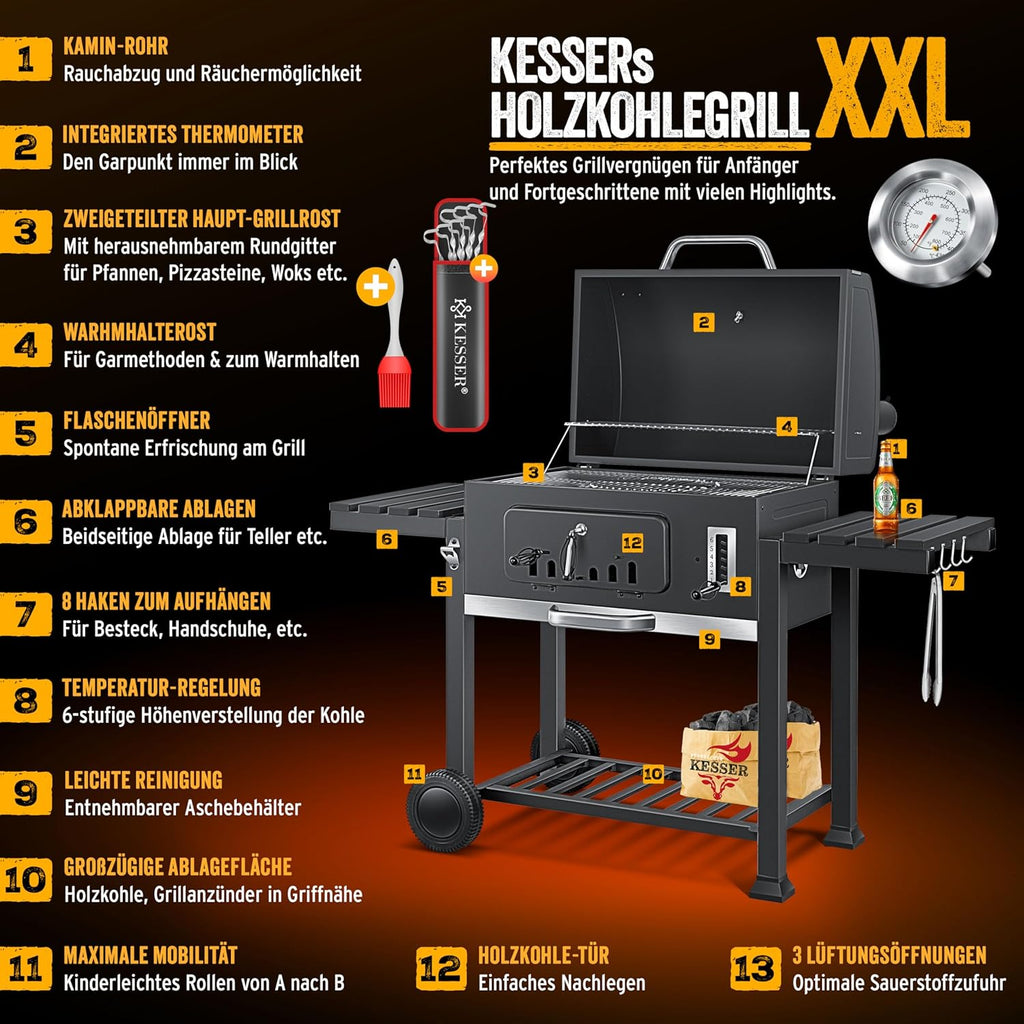KESSER® Barbacoa Carrito BBQ Smoker XXL Parrilla de carbón con tapa, ruedas, asa de acero inoxidable, rejilla y termómetro, 8 brochetas con estuche y pincel de silicona, parrilla de pie, carrito de carbón