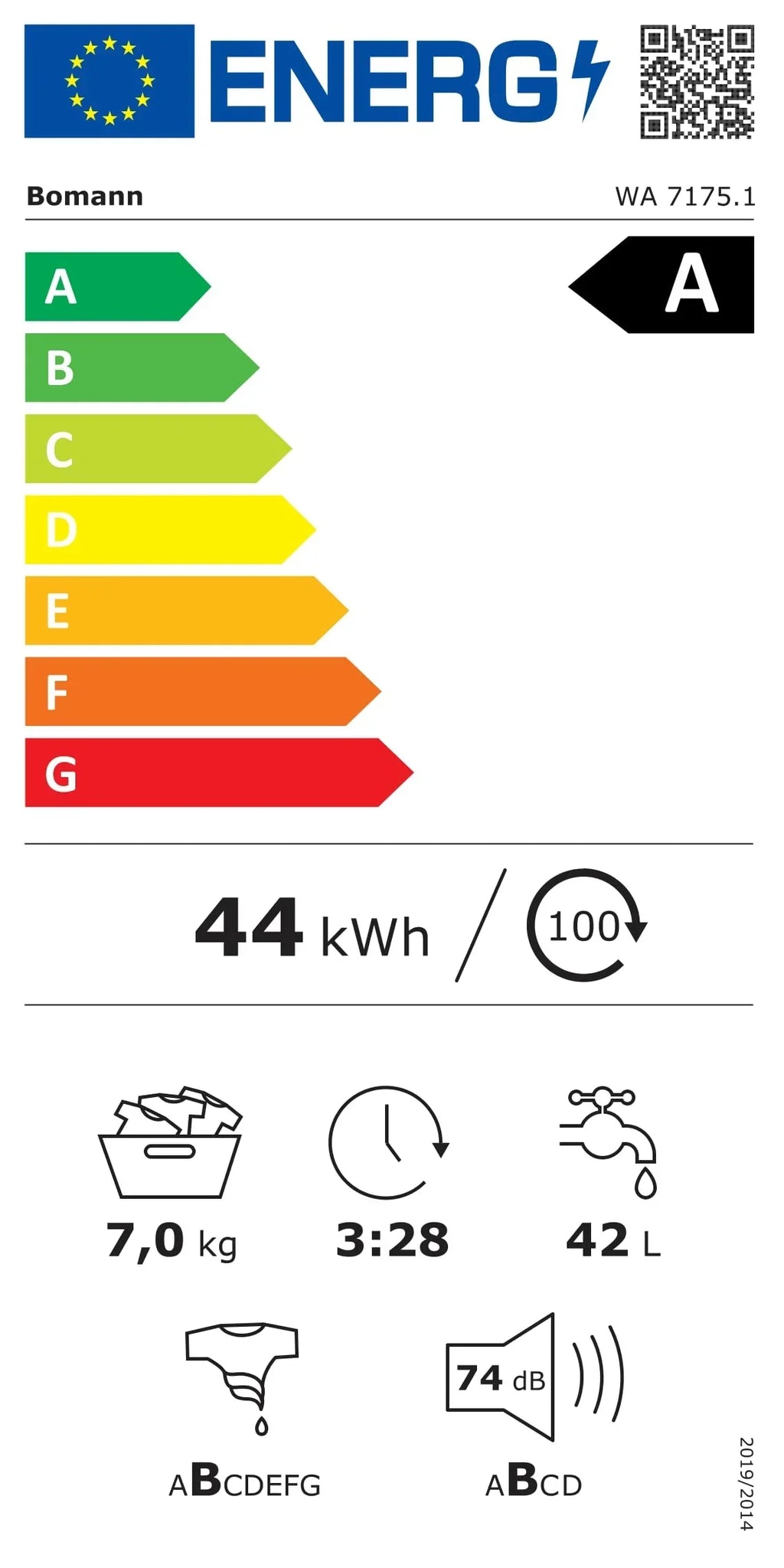 Lavadora Bomann 7 kg, 1400 rpm, motor inverter, 10 años de garantía, 15 programas, inicio diferido, WA 7175.1, clase energética A