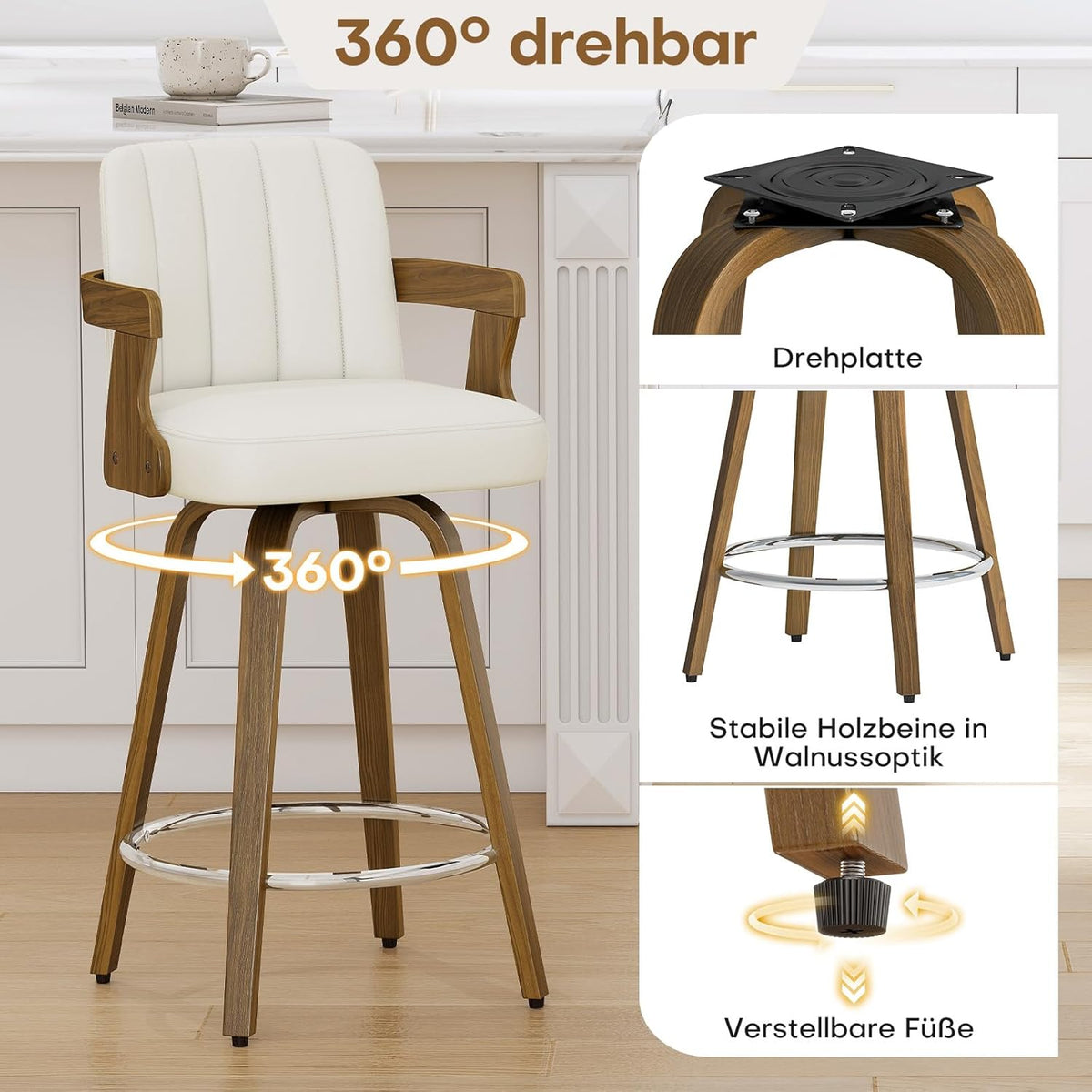 Juego de 2 taburetes de bar giratorios 360° con reposabrazos, altura del asiento de 65 cm, acolchados (7 cm) de piel sintética, silla de bar con patas de madera y reposapiés, taburete de cocina para isla, mostrador y comedor, blanco