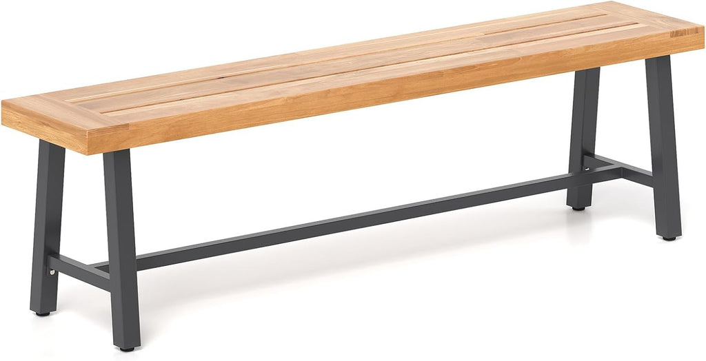 COSTWAY Banco de jardín resistente a la intemperie, banco de 3 plazas sin respaldo, banco de parque de madera de acacia y metal, banco de terraza con capacidad de carga de hasta 360 kg, banco de balcón para jardín, balcón, terraza, 160 x 32 x 45 cm