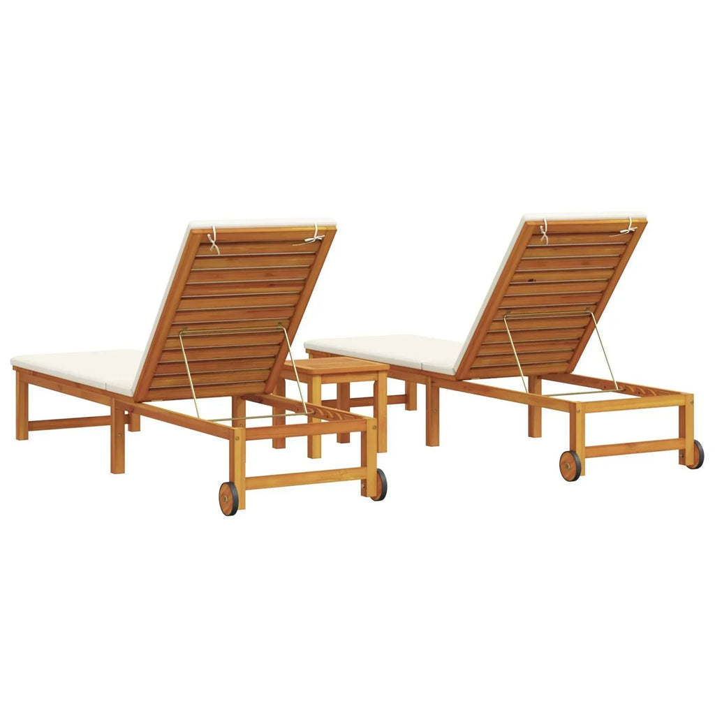2025 Tumbonas 2 uds con Mesa y Cojines de Madera Maciza de Acacia, Tumbona con Cojines Crema de Madera Maciza de Acacia, Mesa Auxiliar de Jardín 35x35x34 cm de Madera Maciza de Acacia V8526