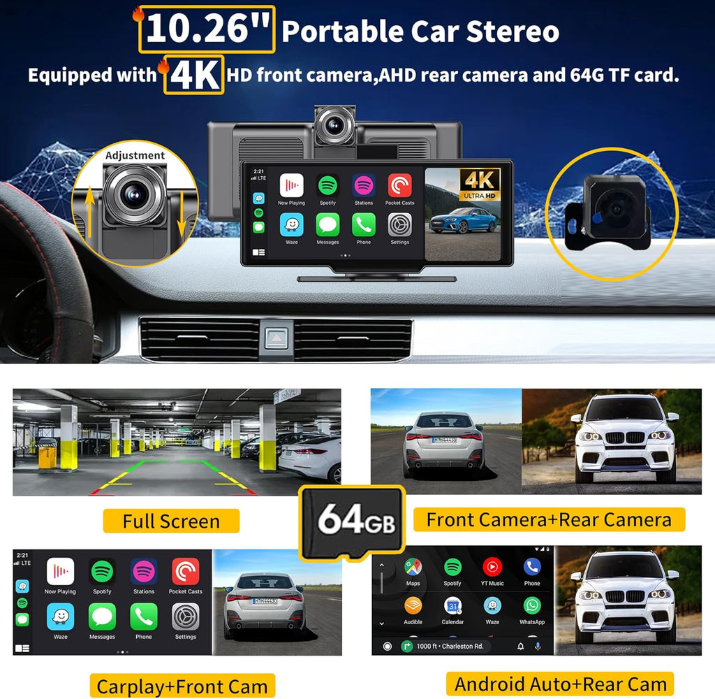 SCUMAXCON 10,26 Pulgadas CarPlay Inalámbrico Android Auto Pantalla Táctil IPS Airplay Cámara de Reversa 4K 1080P Navegación GPS Bluetooth FM Consola Central Reproductor Multimedia Altavoz Integrado